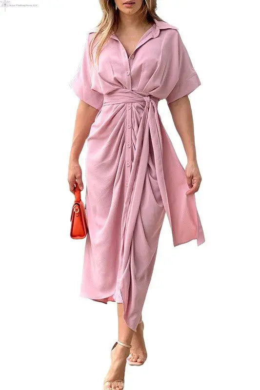 Women's Short Sleeve Maxi Dress Waist Tie Pink | Short Sleeve Maxi Dress fro Wedding Guest | SiAra