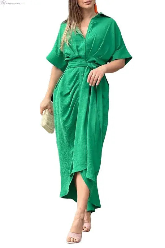 Women's Short Sleeve Maxi Dress Waist Tie Green | Short Sleeve Maxi Dress fro Wedding Guest | SiAra