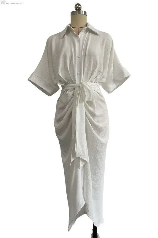 Women's Short Sleeve Maxi Dress Waist Tie White | Short Sleeve Maxi Dress fro Wedding Guest | SiAra