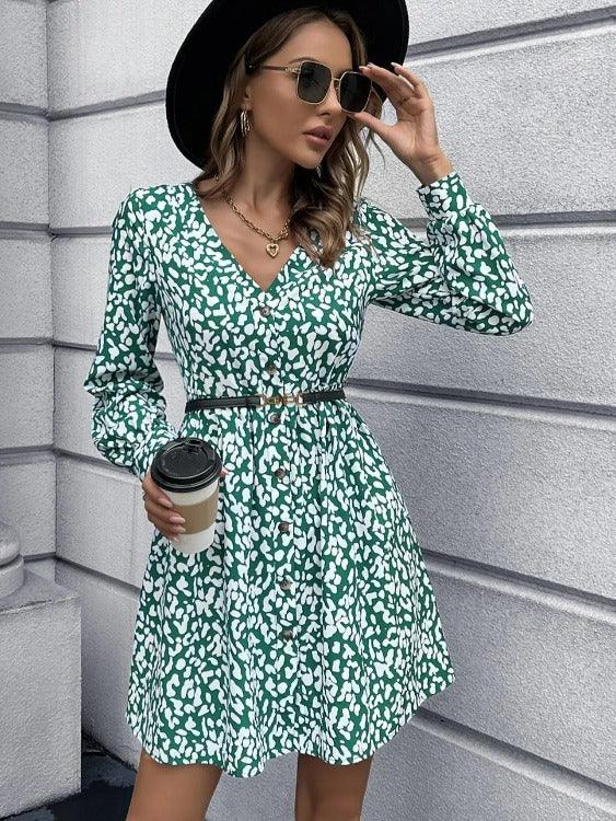 Mini Dress Animal Print Belted Green | SiAra Clothing Store, LLC