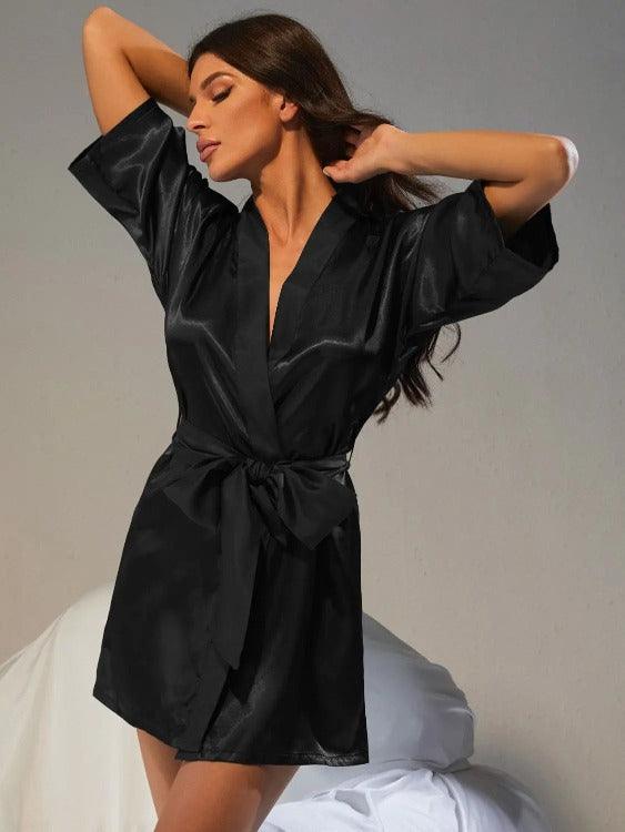 Women's Robe Half Sleeve Belted Black Front | SiAra Clothing Store, LLC