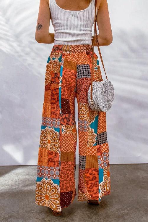 Bohemian Patchwork Drawstring Wide-leg Pants Orange on Back | SiAra clothing Store