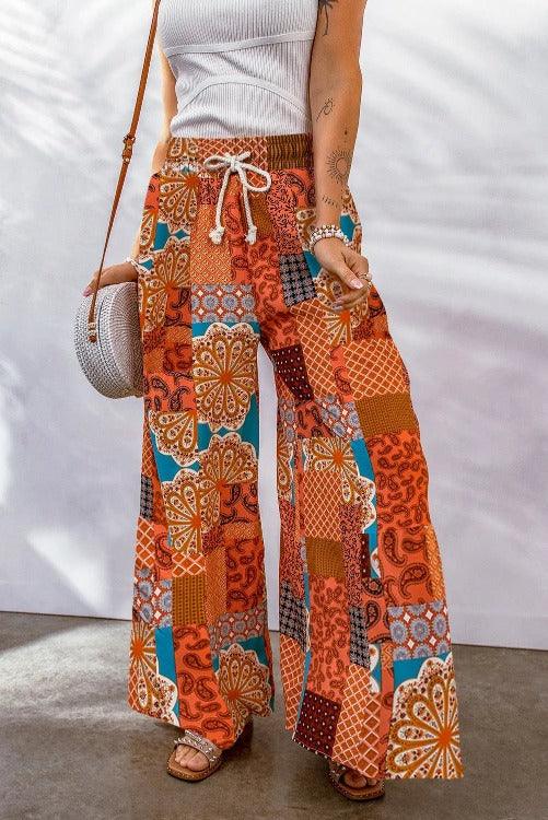 Bohemian Patchwork Drawstring Wide-leg Pants Orange Front | SiAra clothing Store