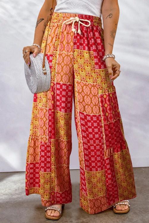 Bohemian Patchwork Drawstring Wide-leg Pants Red | SiAra clothing Store