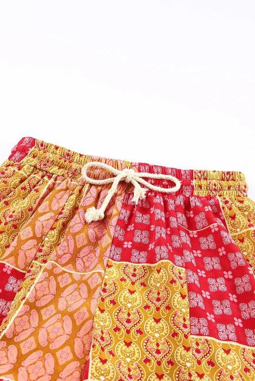 Bohemian Patchwork Drawstring Wide-leg Pants Closed-up | SiAra clothing Store