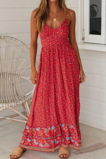 Midi Dress Boho Style Spaghetti Straps Red | SiAra Clothing Store, LLC