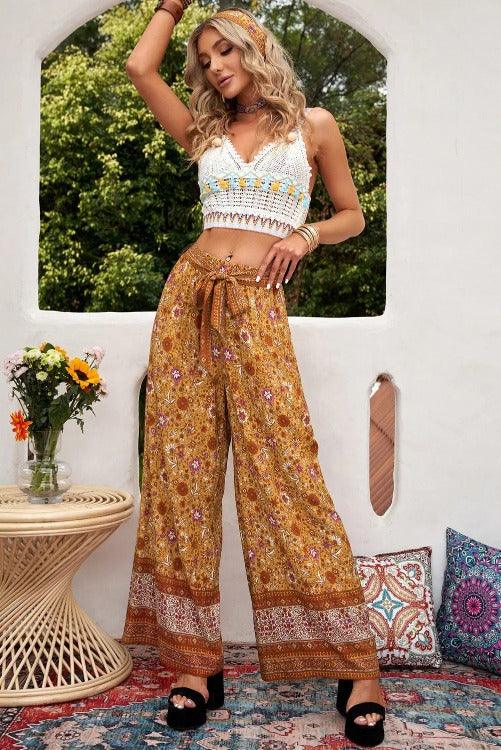 Bohemian Wide Leg Orange Belted Pants Front | SiAra Clothing Store