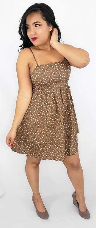 Floral Mini Dress Brown | Spaghetti Straps Open Back | SiAra Clothing Store, LLC