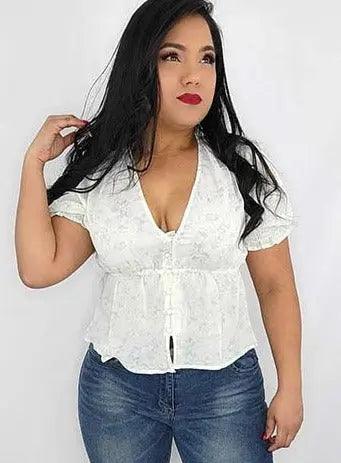 Button up Short Sleeves Off White Blouse SiAra Clothing Store, LLC