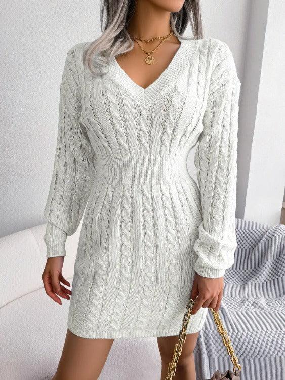 Sweater Dress Mini Cable-knit White Front | SiAra Clothing Store, LLC