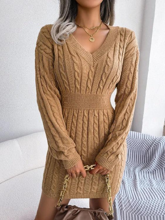 Sweater Dress Mini Cable-knit Brown Front | SiAra Clothing Store, LLC