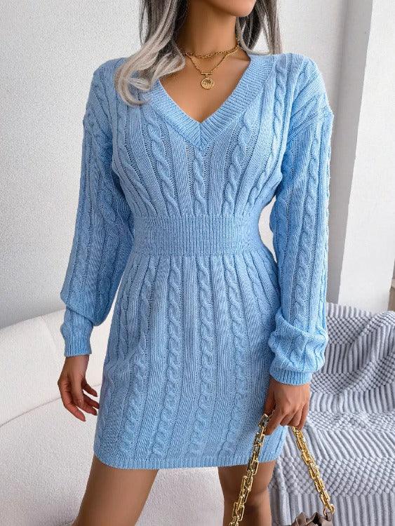 Sweater Dress Mini Cable-knit Sky Blue Front | SiAra Clothing Store, LLC