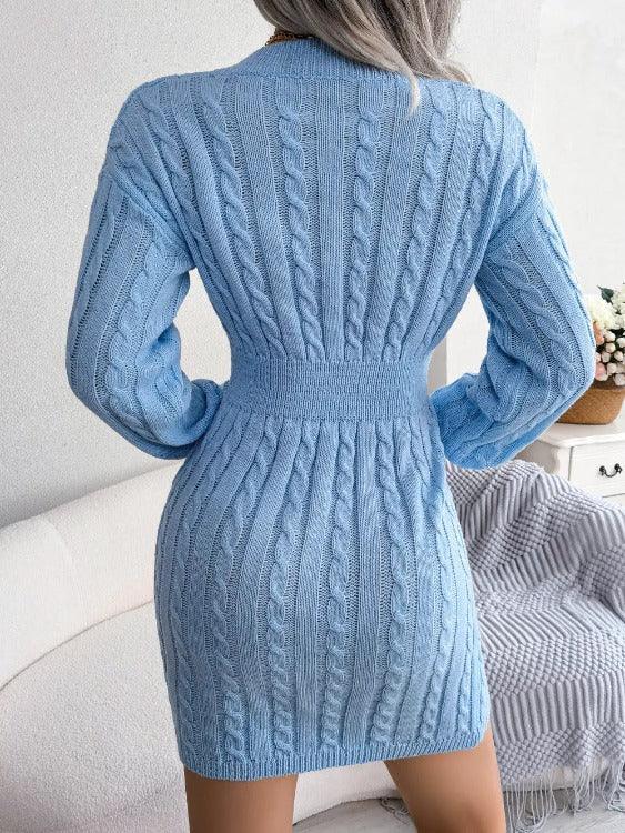 Sweater Dress Mini Cable-knit Sky Blue Back | SiAra Clothing Store, LLC