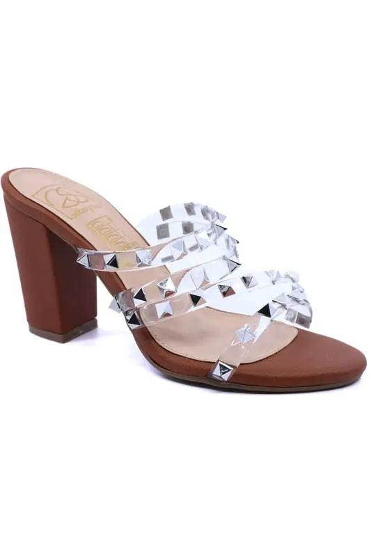 Women's Heels Pyramid Stud Tan Right Shoe | SiAra Clothing Store, LLC