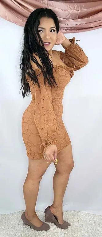 Long Sleeve Mini Dress Cold Shoulder Mocha Side | SiAra Clothing Store, LLC