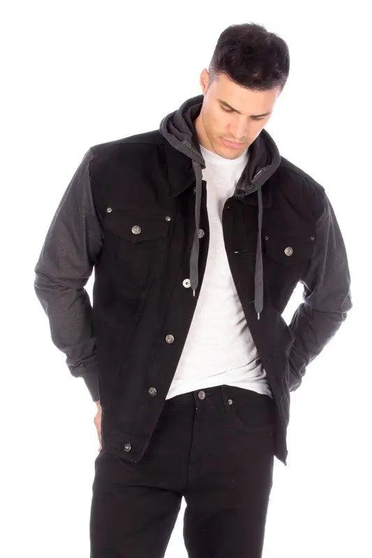 Denim Jacket With Hood Black Front Unbuttoned | SiAra Clothing Store, LLC 