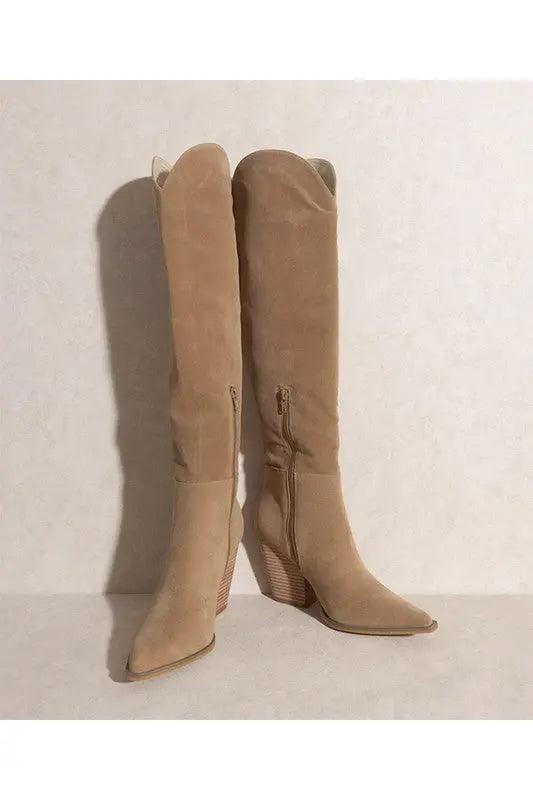 Knee High Western Boots Khaki Front | SiAra Clothing Store, LLC