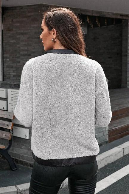 Women's Cozy Jacket | Contrast PU Leather Gray | SiAra Clothing Store, LLC