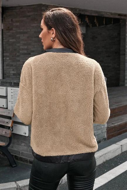 Women's Cozy Jacket | Contrast PU Leather Khaki | SiAra Clothing Store, LLC