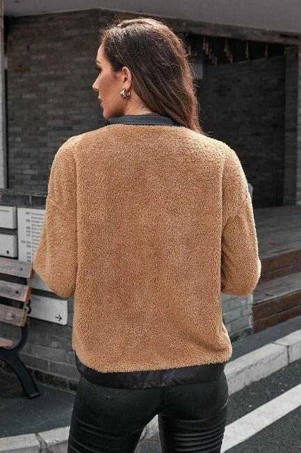 Women's Cozy Jacket | Contrast PU Leather Camel | SiAra Clothing Store, LLC