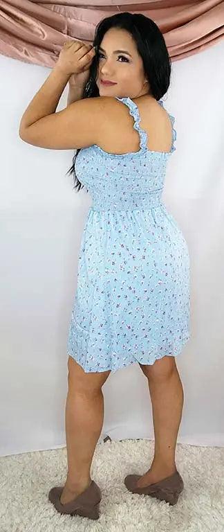 Floral Print Mini Dress, Smocked, Sleeveless Ice Blue Back | SiAra Clothing Store, LLC