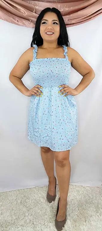 Floral Print Mini Dress, Smocked, Sleeveless Ice blue Front | SiAra Clothing Store, LLC