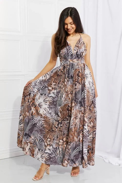 Flowy Maxi Dress Grey Printed Open Back Front | SiAra Clothing Store, LLC