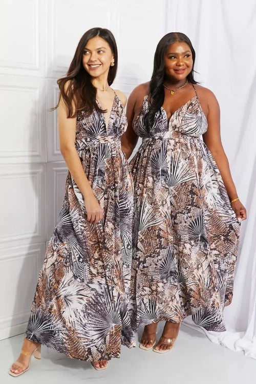 Flowy Maxi Dress Grey Printed Open Back | SiAra Clothing Store, LLC