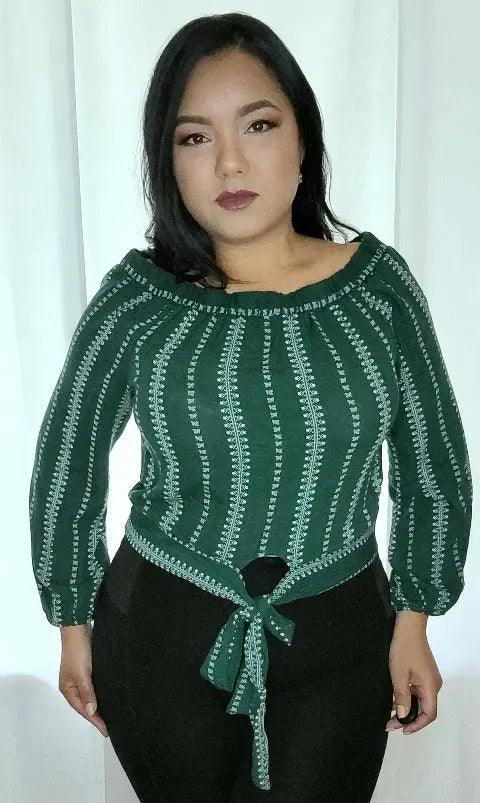 Green off Shoulder Long Sleeves Front Tie Blouse SiAra Clothing Store