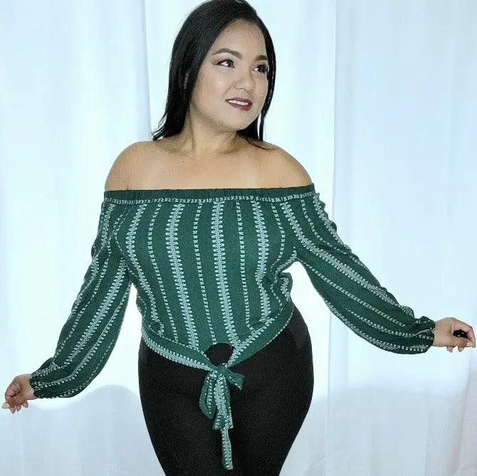 Green off Shoulder Long Sleeves Front Tie Blouse SiAra Clothing Store
