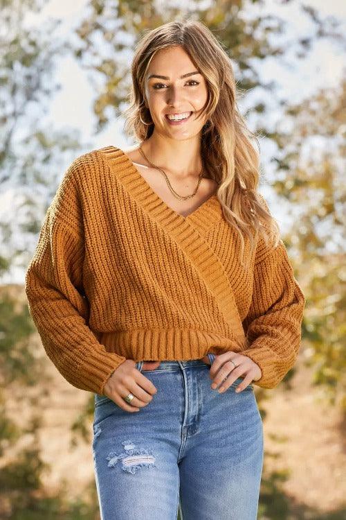 Women's Surplice Sweater Brown Sugar Sided | SiAra Clothing Store, LLC