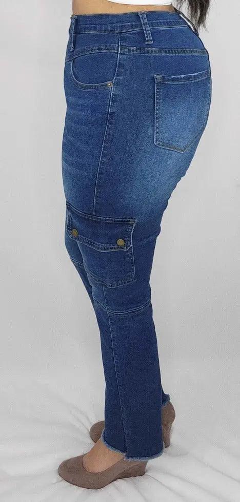 High Rise Cargo Jeans | Women's Distress Stretchy Blue Cargo Jeans SiAra Clothing Store, LLC