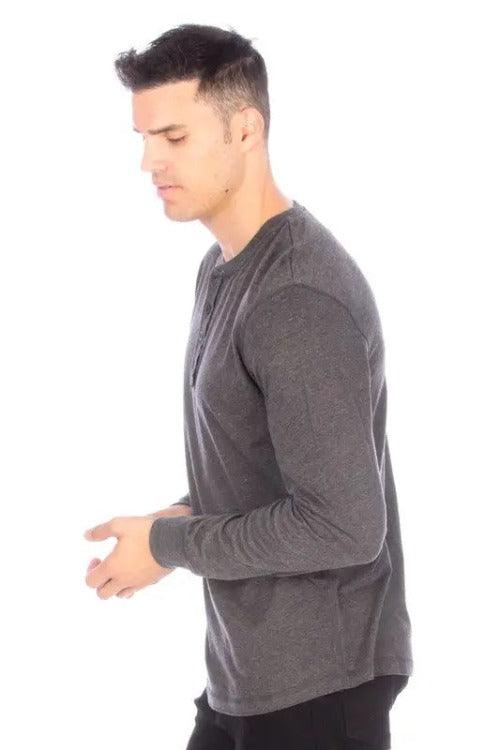 Men's Long Sleeve Henley Shirt Charcoal Side | SiAra Clothing Store