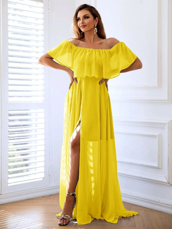Evening Dress Off-Shoulder Split Maxi Yellow | SiAra Clothing Store, LLC