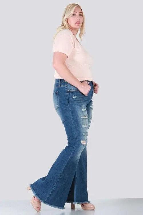 Women's Jeans Boot-cut Raw Hem Plus Dark Blue Side | SiAra Clothing Store, LLC