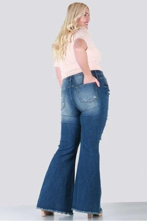 Women's Jeans Boot-cut Raw Hem Plus Dark Blue Back | SiAra Clothing Store, LLC