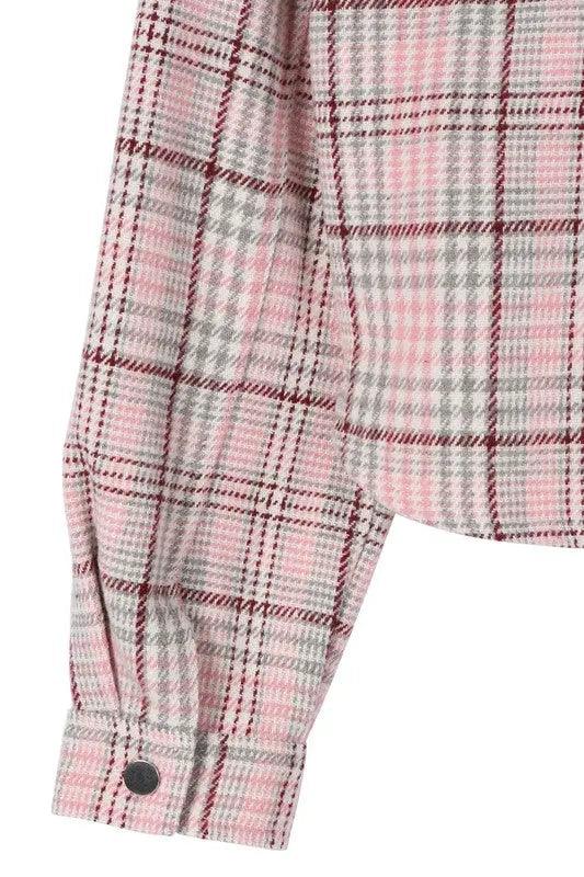Women's Cropped Jacket Pink Plaid Sleeve Closed-up | SiAra Clothing Store, LLC