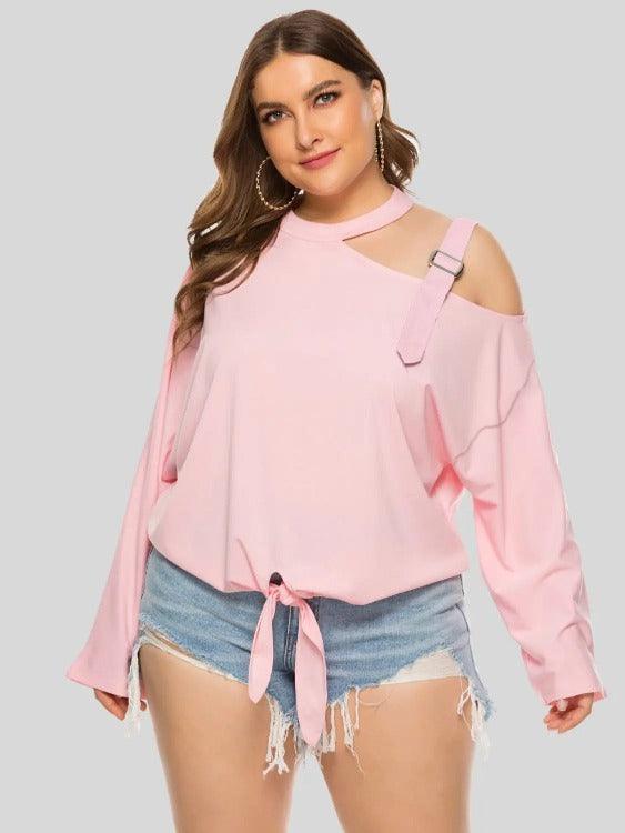 Women's Plus Cold-shoulder Long Sleeves Solid Blouse Blush Pink | SiAra Clothing Store, LLC