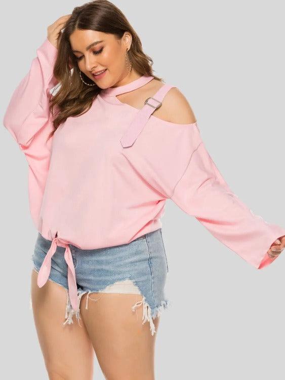 Women's Plus Cold-shoulder Long Sleeves Solid Blouse Blush Pink Sided | SiAra Clothing Store, LLC