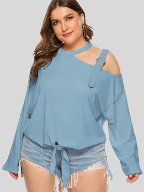 Women's Plus Cold-shoulder Long Sleeves Solid Blouse Pastel Blue | SiAra Clothing Store, LLC