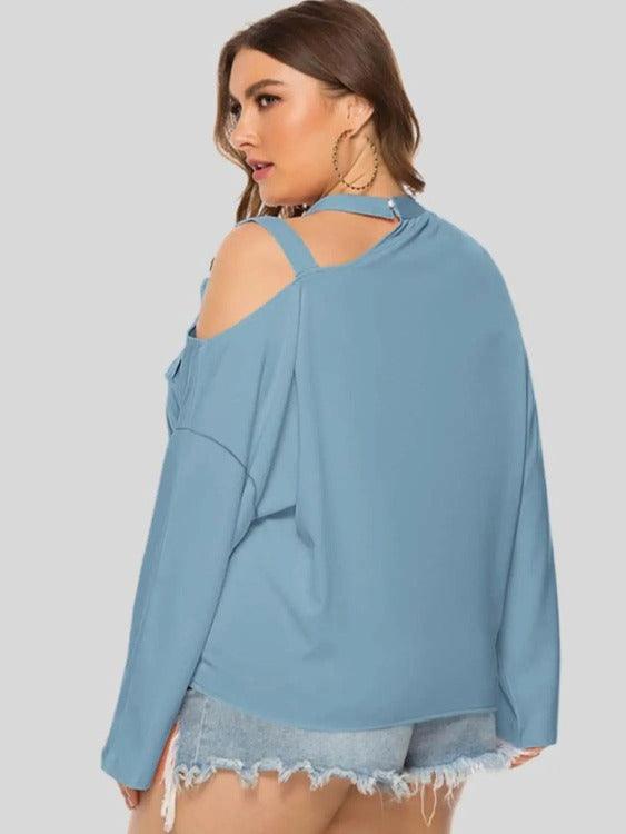 Women's Plus Cold-shoulder Long Sleeves Solid Blouse Pastel Blue Back | SiAra Clothing Store, LLC