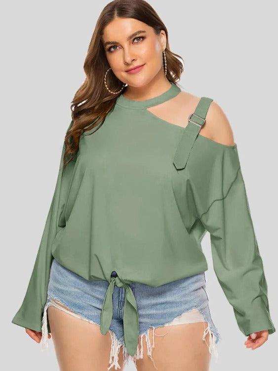 Women's Plus Cold-shoulder Long Sleeves Solid Blouse Gum Leaf | SiAra Clothing Store, LLC