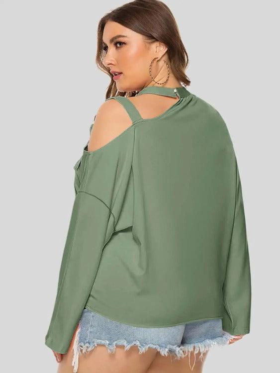 Women's Plus Cold-shoulder Long Sleeves Solid Blouse Gum Leaf Back | SiAra Clothing Store, LLC