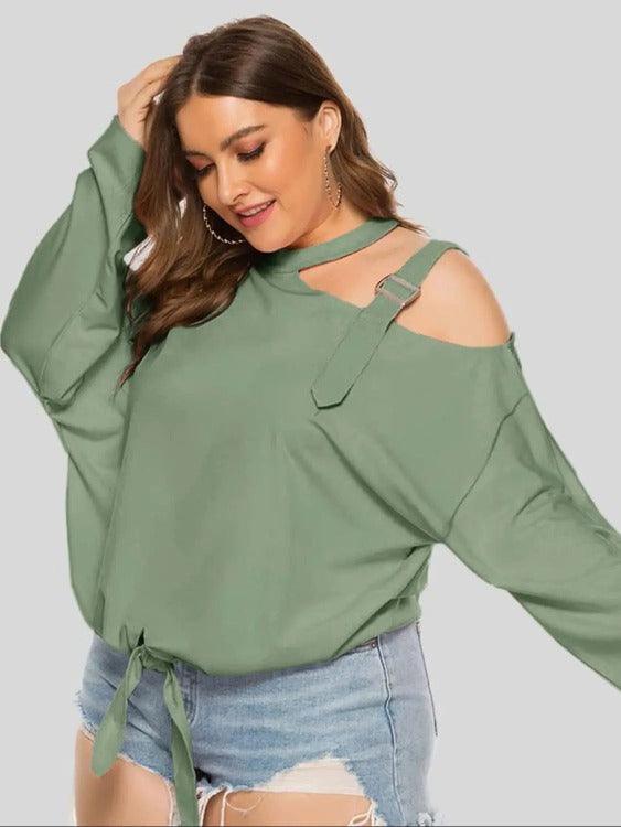 Women's Plus Cold-shoulder Long Sleeves Solid Blouse Gum Leaf Sided | SiAra Clothing Store, LLC