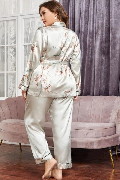 Women Plus Pajama Set Floral with Long sleeves Gray Back | SiAra Clothing Store, LLC