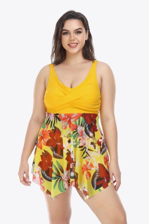Women's Plus Floral Asymmetrical Hem Two-Piece Swimsuit Mustard | SiAra clothing Store, LLC