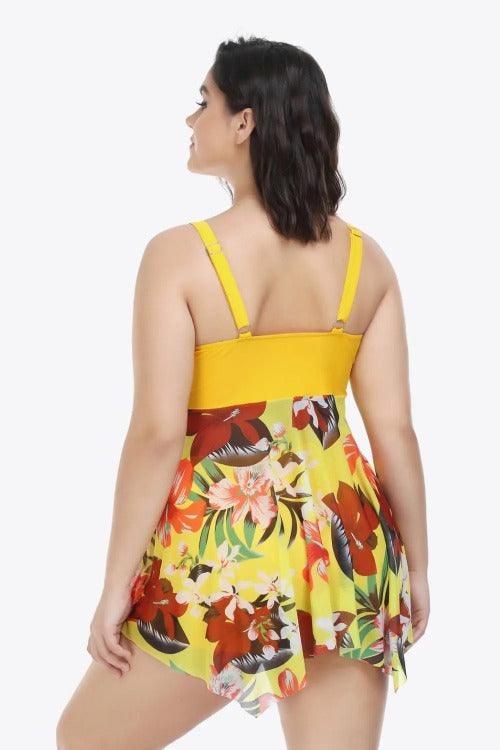 Women's Plus Floral Asymmetrical Hem Two-Piece Swimsuit Mustard Back | SiAra clothing Store, LLC