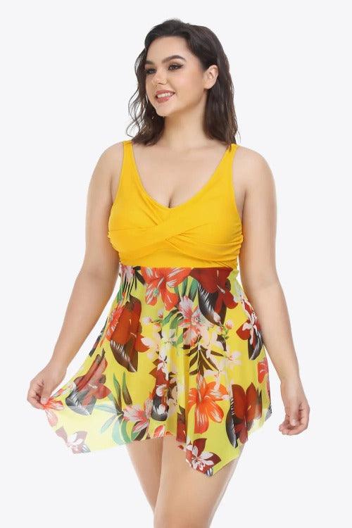Women's Plus Floral Asymmetrical Hem Two-Piece Swimsuit Mustard Sided | SiAra clothing Store, LLC