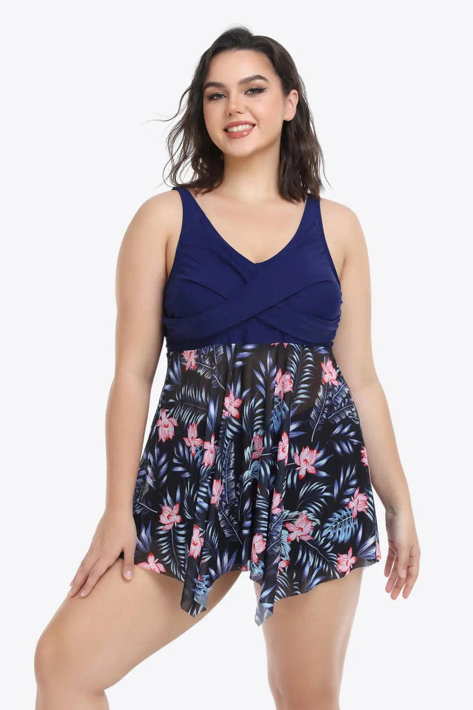 Women's Plus Floral Asymmetrical Hem Two-Piece Swimsuit Navy | SiAra clothing Store, LLC