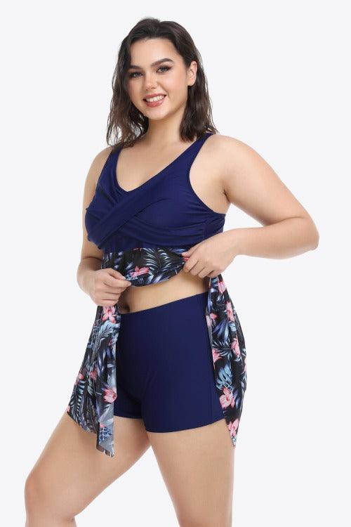 Women's Plus Floral Asymmetrical Hem Two-Piece Swimsuit Navy Side | SiAra Clothing Store, LLC